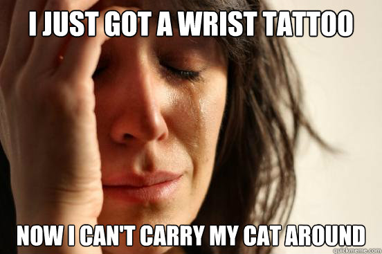 I just got a wrist tattoo now I can't carry my cat around  First World Problems