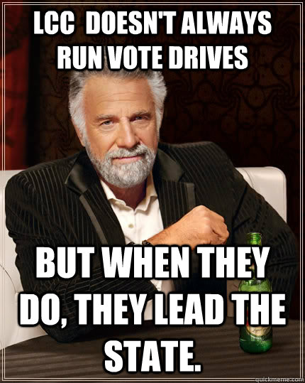 LCC  Doesn't always run vote drives But when they do, they LEAD THE STATE.  The Most Interesting Man In The World