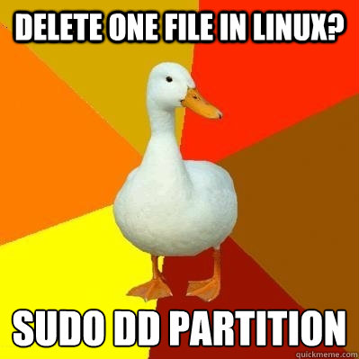 Delete one file in linux? Sudo DD partition  Tech Impaired Duck