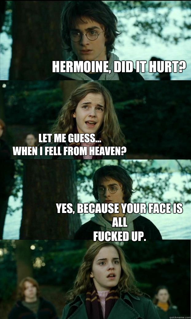 Hermoine, did it hurt? Let me guess...
 When I fell from Heaven? Yes, because your face is all
fucked up.  Horny Harry