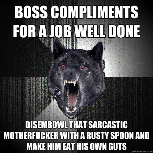 boss compliments for a job well done disembowl that sarcastic motherfucker with a rusty spoon and make him eat his own guts  Insanity Wolf