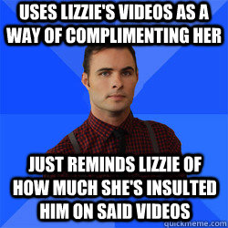 Uses Lizzie's videos as a way of complimenting her just reminds Lizzie of how much she's insulted him on said videos - Uses Lizzie's videos as a way of complimenting her just reminds Lizzie of how much she's insulted him on said videos  Socially Awkward Darcy