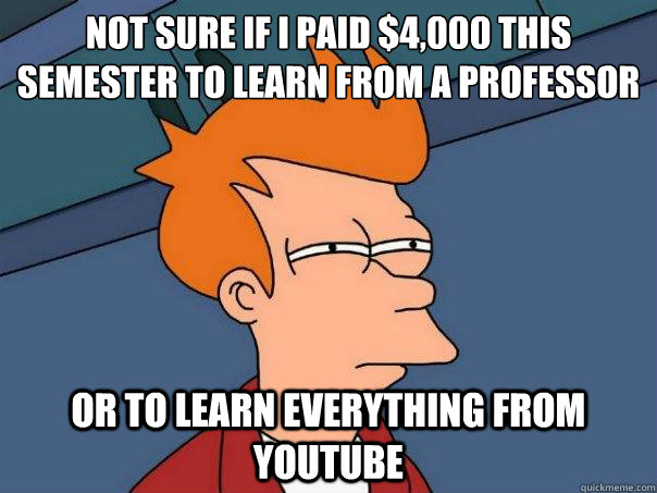 Not sure if I paid $4,000 this semester to learn from a professor Or to learn everything from youtube  Futurama Fry