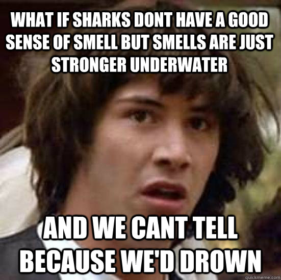 What if sharks dont have a good sense of smell but smells are just stronger underwater and we cant tell because we'd drown  conspiracy keanu