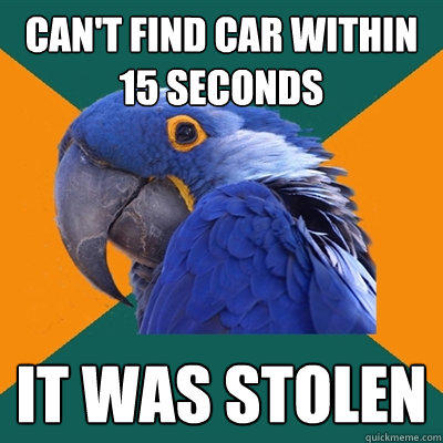 Can't find car within 15 seconds It was stolen  Paranoid Parrot