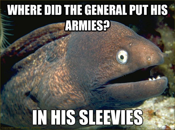 Where did the general put his armies? In his sleevies  Bad Joke Eel