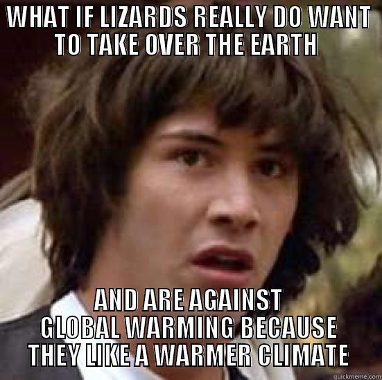 No I get it why some people are so fierce about it - WHAT IF LIZARDS REALLY DO WANT TO TAKE OVER THE EARTH  AND ARE AGAINST GLOBAL WARMING BECAUSE THEY LIKE A WARMER CLIMATE conspiracy keanu