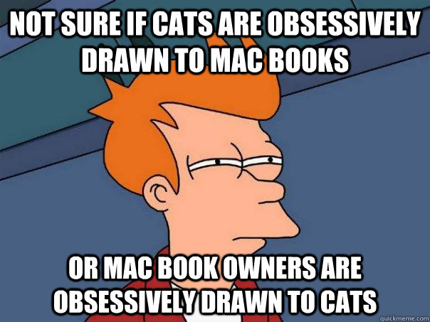 Not sure if cats are obsessively drawn to mac books or mac book owners are obsessively drawn to cats  Futurama Fry