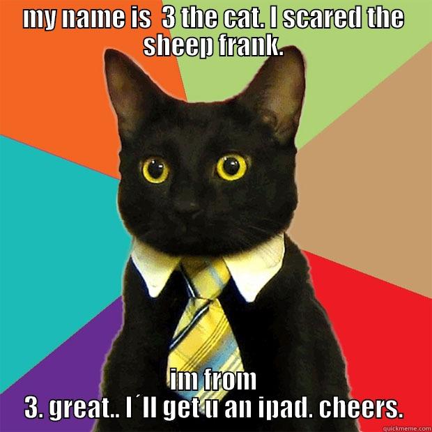 fwhg wngo emwggwegweg - MY NAME IS  3 THE CAT. I SCARED THE SHEEP FRANK. IM FROM 3. GREAT.. I´LL GET U AN IPAD. CHEERS. Business Cat