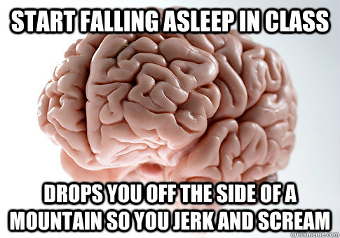 Start falling asleep in class drops you off the side of a mountain so you jerk and scream  Scumbag Brain