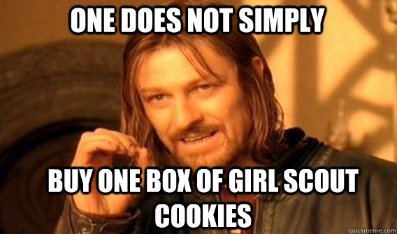 One does not simply buy one box of girl scout cookies  Boromir