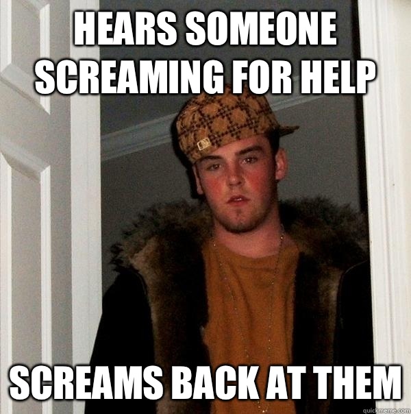 Hears someone screaming for help Screams back at them  Scumbag Steve