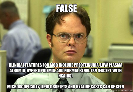 FALSE Clinical features FOR MCD include preoteinuria, low plasma albumin, hyperlipidemia, and NORMAL renal fxn (except with NSAIDS)

Microscopically lipid droplets and hyaline casts can be seen - FALSE Clinical features FOR MCD include preoteinuria, low plasma albumin, hyperlipidemia, and NORMAL renal fxn (except with NSAIDS)

Microscopically lipid droplets and hyaline casts can be seen  Dwight