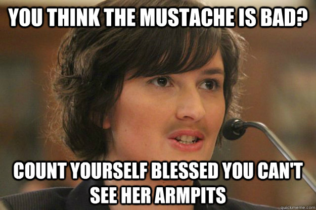 You think the mustache is bad?  Count yourself blessed you can't see her armpits  Slut Sandra Fluke