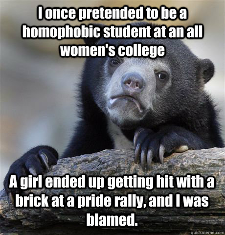 I once pretended to be a homophobic student at an all women's college A girl ended up getting hit with a brick at a pride rally, and I was blamed.  Confession Bear