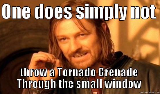 ONE DOES SIMPLY NOT  THROW A TORNADO GRENADE THROUGH THE SMALL WINDOW Boromir