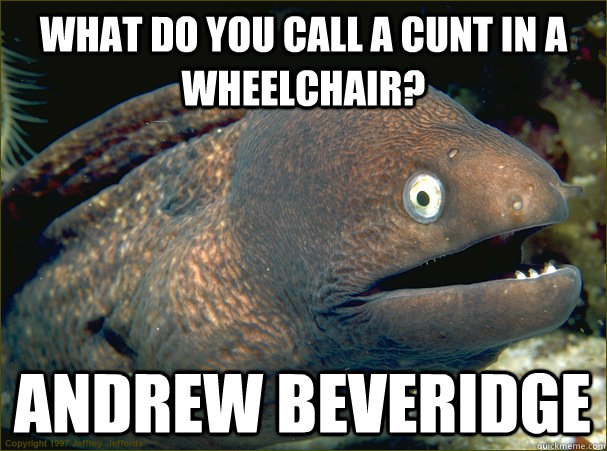 What do you call a cunt in a wheelchair? Andrew Beveridge  Bad Joke Eel