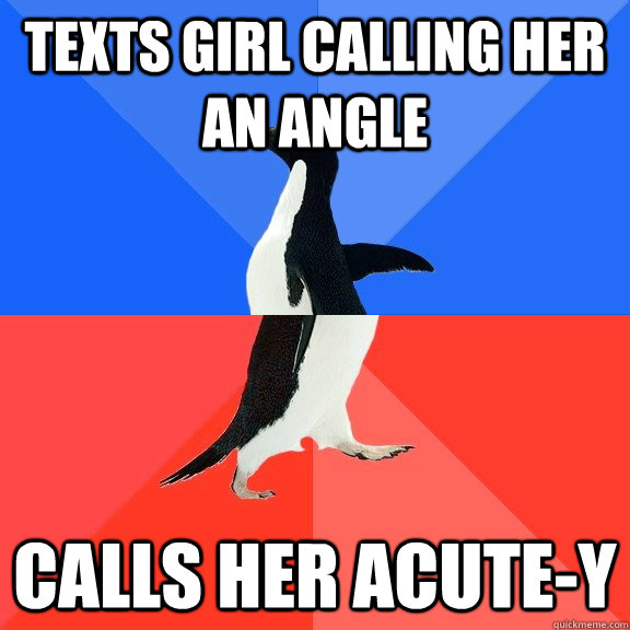 Texts girl calling her an angle calls her acute-y  Socially Awkward Awesome Penguin