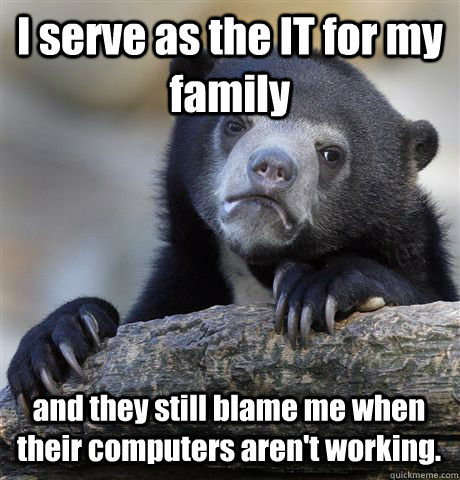 I serve as the IT for my family and they still blame me when their computers aren't working.  Confession Bear