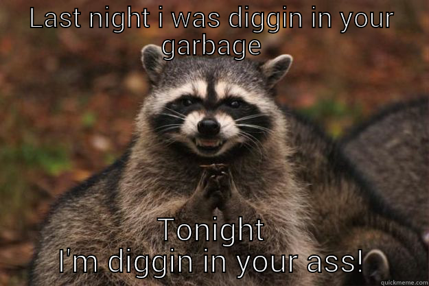 LAST NIGHT I WAS DIGGIN IN YOUR GARBAGE TONIGHT I'M DIGGIN IN YOUR ASS! Evil Plotting Raccoon