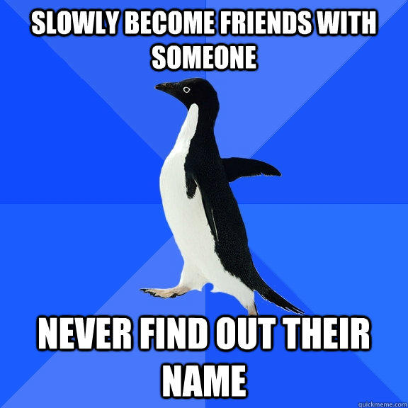 slowly become friends with someone never find out their name  Socially Awkward Penguin