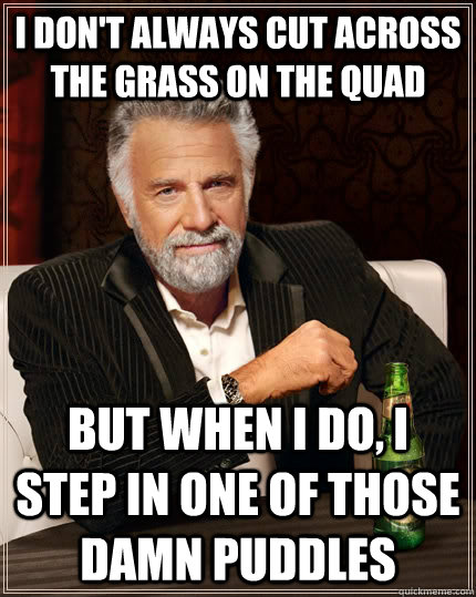 I don't always cut across the grass on the quad but when I do, I step in one of those damn puddles  The Most Interesting Man In The World