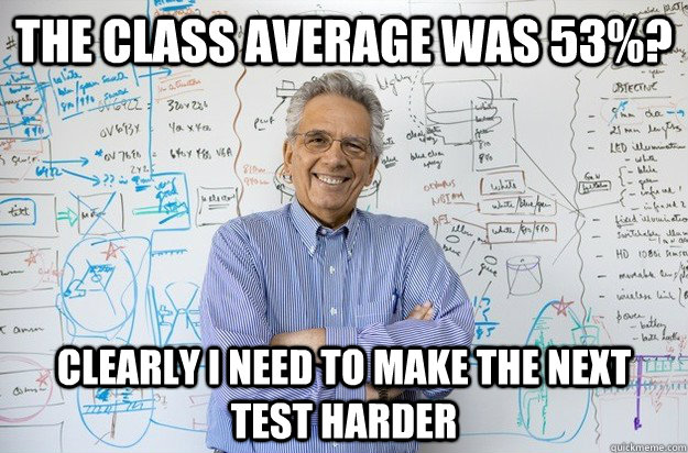 The class average was 53%? clearly I need to make the next test harder  Engineering Professor