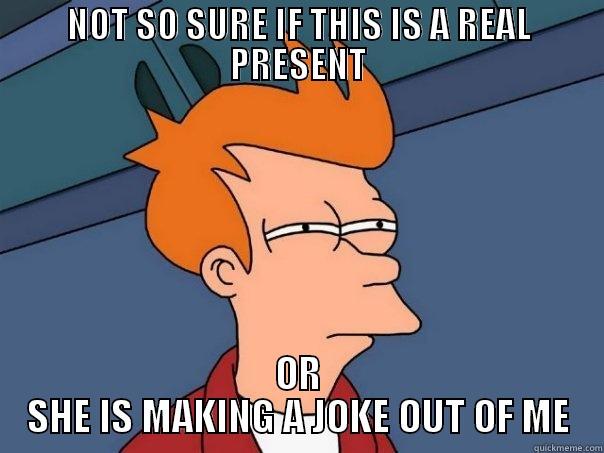 meh MEH meh - NOT SO SURE IF THIS IS A REAL PRESENT OR SHE IS MAKING A JOKE OUT OF ME Futurama Fry