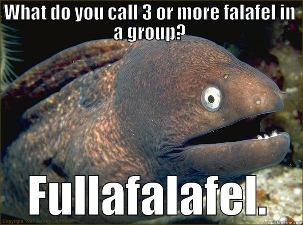 WHAT DO YOU CALL 3 OR MORE FALAFEL IN A GROUP? FULLAFALAFEL. Bad Joke Eel