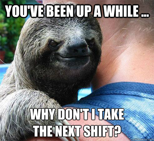 You've been up a while ... Why don't I take
the next shift?  Suspiciously Evil Sloth