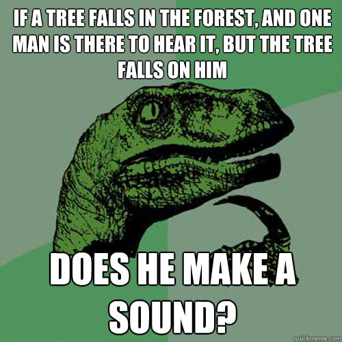 If a tree falls in the forest, and one man is there to hear it, but the tree falls on him does he make a sound?  Philosoraptor