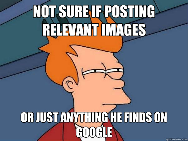 Not sure if posting relevant images or just anything he finds on google  Futurama Fry