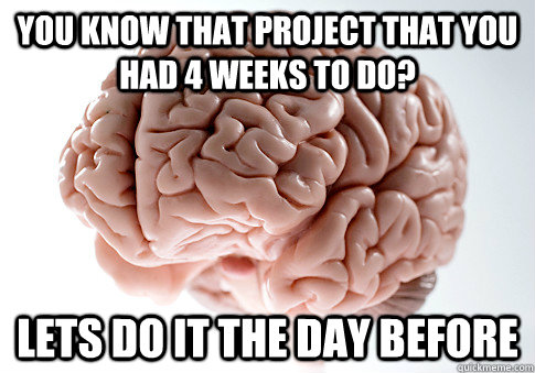 You know that project that you had 4 weeks to do? Lets do it the day before  Scumbag Brain