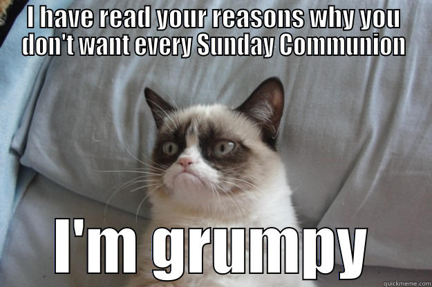 I HAVE READ YOUR REASONS WHY YOU DON'T WANT EVERY SUNDAY COMMUNION I'M GRUMPY Grumpy Cat