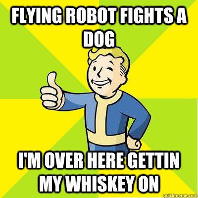 Flying robot fights a dog I'm over here gettin my whiskey on  Fallout new vegas