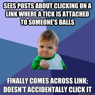 Sees posts about clicking on a link where a tick is attached to someone's balls Finally comes across link; doesn't accidentally click it  Success Kid