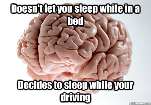 Doesn't let you sleep while in a bed Decides to sleep while your driving   Scumbag Brain