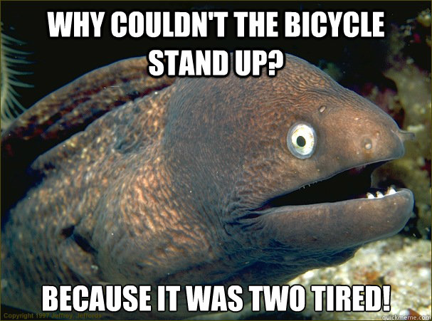 Why couldn't the bicycle stand up? because it was two tired!  Bad Joke Eel