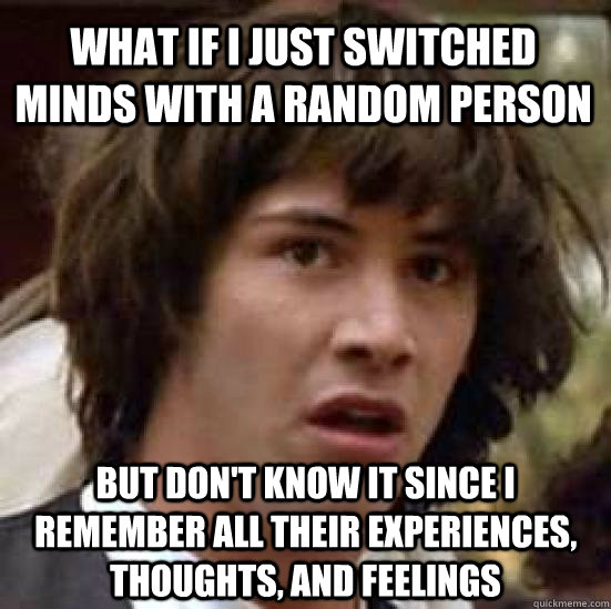 What if I just switched minds with a random person But don't know it since I remember all their experiences, thoughts, and feelings  conspiracy keanu