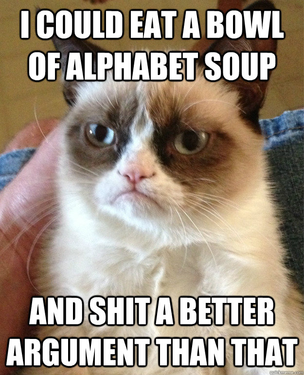 I could eat a bowl of alphabet soup and shit a better argument than that - I could eat a bowl of alphabet soup and shit a better argument than that  Grumpy Cat