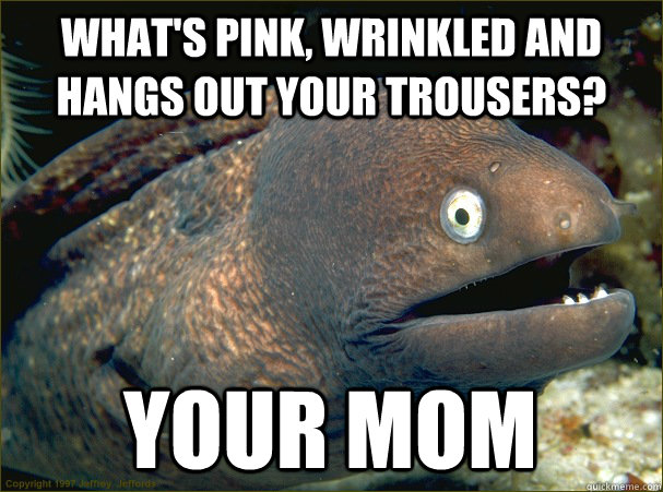 What's pink, wrinkled and hangs out your trousers? your mom  Bad Joke Eel