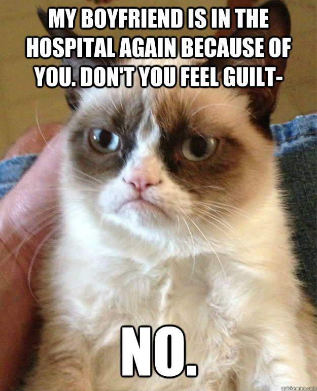 My boyfriend is in the hospital again because of you. Don't you feel guilt- No.  Grumpy Cat