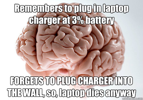 Remembers to plug in laptop charger at 3% battery  FORGETS TO PLUG CHARGER INTO THE WALL, so, laptop dies anyway   Scumbag Brain