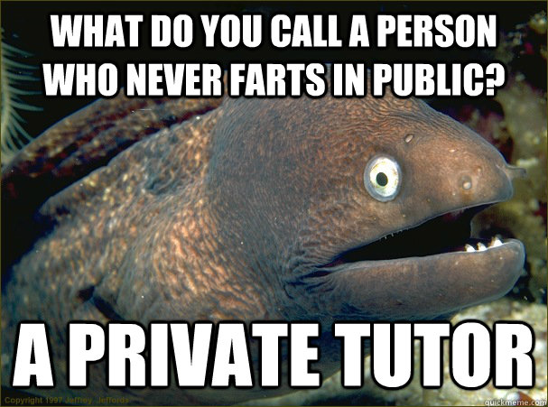 What do you call a person who never farts in public? A private tutor  Bad Joke Eel