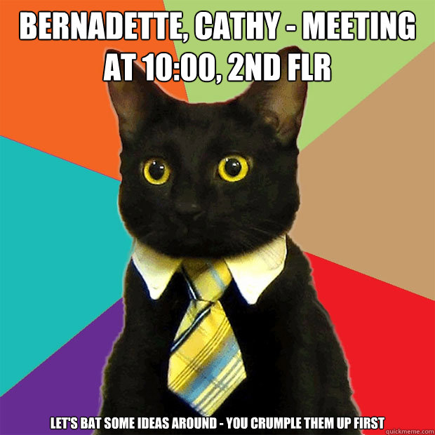 Bernadette, Cathy - Meeting at 10:00, 2nd flr Let's bat some ideas around - you crumple them up first   Business Cat