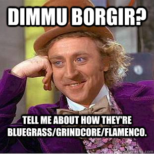 Dimmu Borgir? Tell me about how they're bluegrass/grindcore/flamenco.  Condescending Wonka