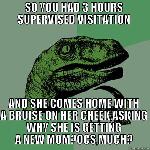 SO YOU HAD 3 HOURS SUPERVISED VISITATION AND SHE COMES HOME WITH A BRUISE ON HER CHEEK,ASKING WHY SHE IS GETTING A NEW MOM?OCS,MUCH? Philosoraptor