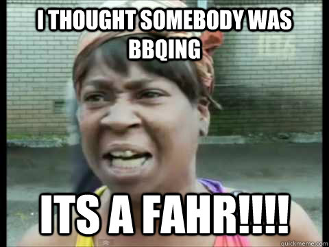 I Thought somebody was BBQING its a fahr!!!!  Sweet Brown