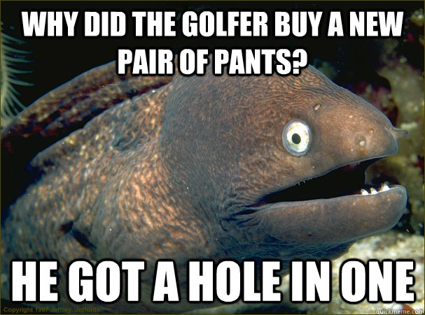 Why did the golfer buy a new pair of pants? He got a hole in one - Why did the golfer buy a new pair of pants? He got a hole in one  Bad Joke Eel