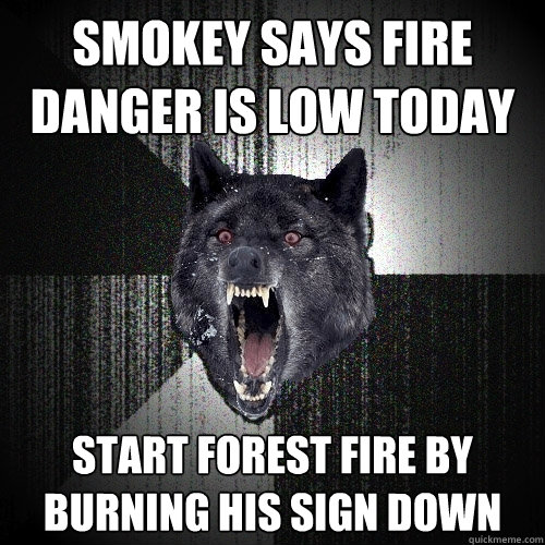 Smokey says fire danger is low today Start forest fire by burning his sign down  Insanity Wolf